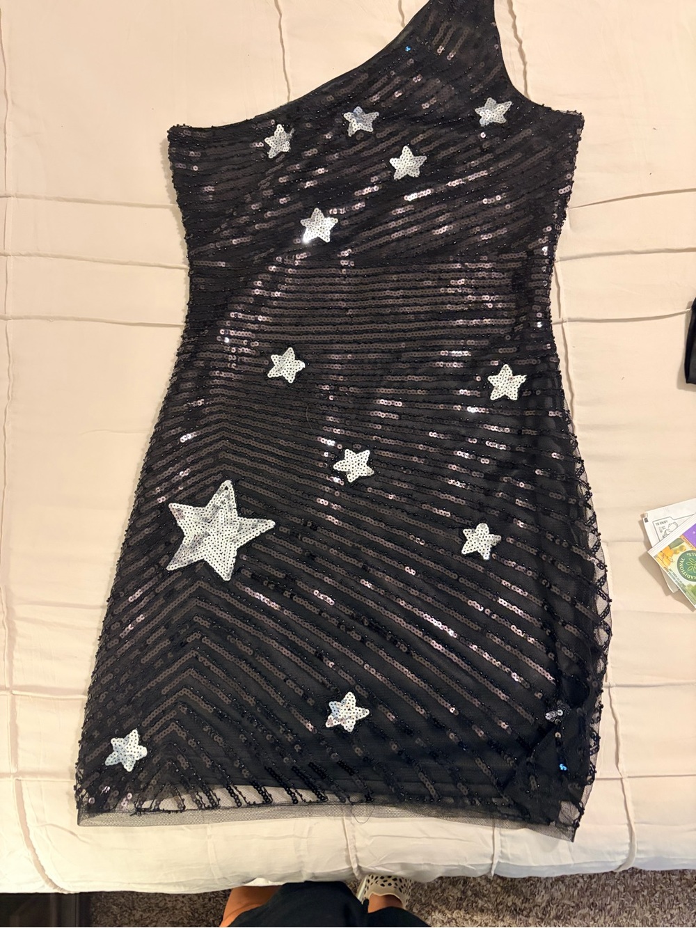 Lulu's Black Sequin Strapless Dress with Silver Star Appliqués